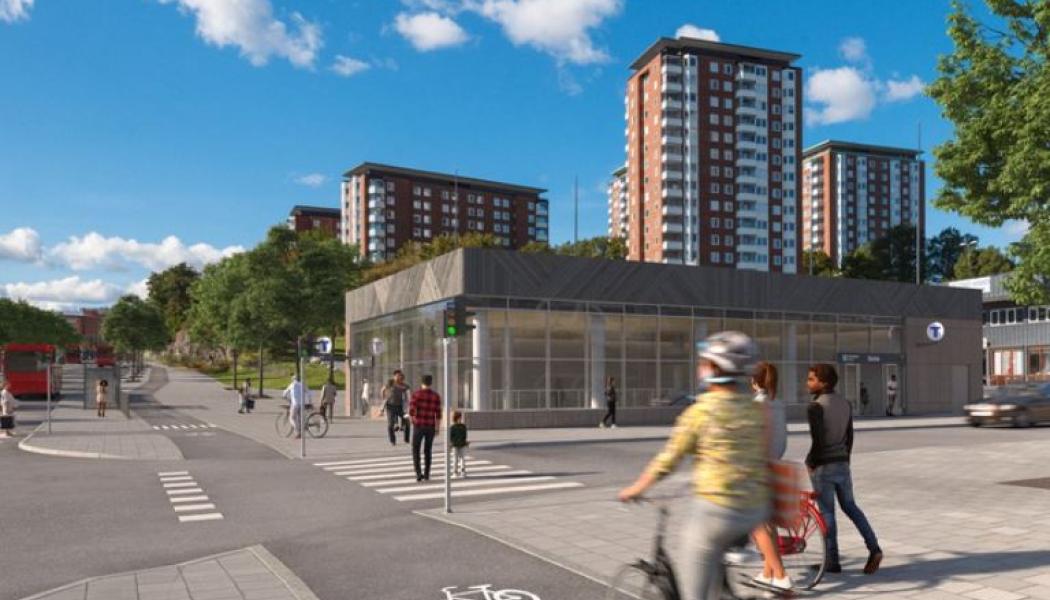 Bilden visar entré till station Sickla från korsningen Värmdövägen-Alphyddevägen. Bild: Region Stockholm/Sweco 