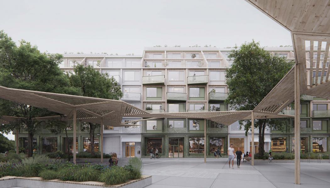 Utopia Arkitekter och ED Byggs förslag, Åkerholmen, intill det planerade torget i Djurgården. Bild: Utopia Arkitekter