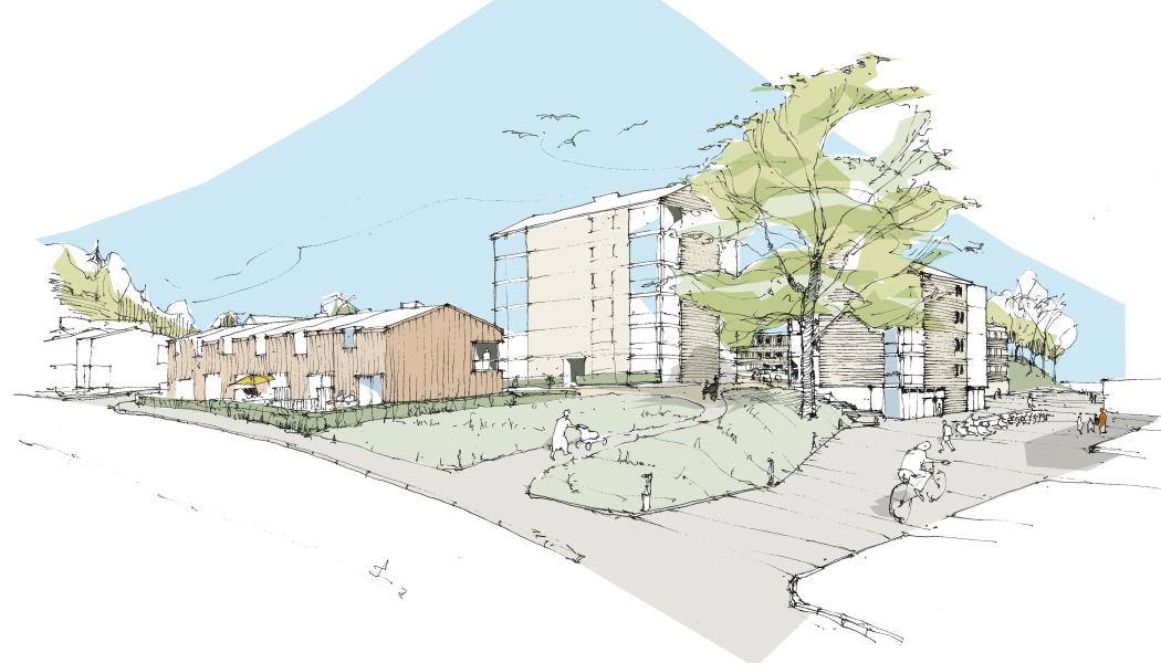 Visionsskiss från Sagbrovägen in mot Dotegården och Almåsgången. Skiss gjord av Liljewall arktitekter.
