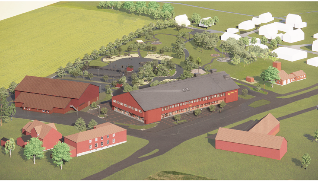 I gestaltningen av den nya skolan som ska byggas i Gamla Uppsala, tas hänsyn till omgivande bebyggelse och områdets kulturhistoriska miljö (Illustration: LLP arkitekter)