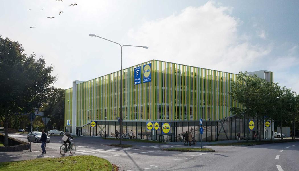 Visionsbild för parkeringshus och Lidl-butik i Borås. Pressbild: RO-Gruppen AB
