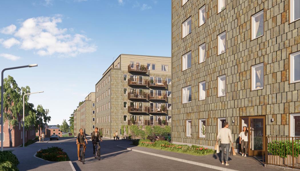 Visionsbild av Skandia Fastigheters punkthus i etapp 2 av utvecklingen av Kållered Centrum. Foto: Studio Ekberg