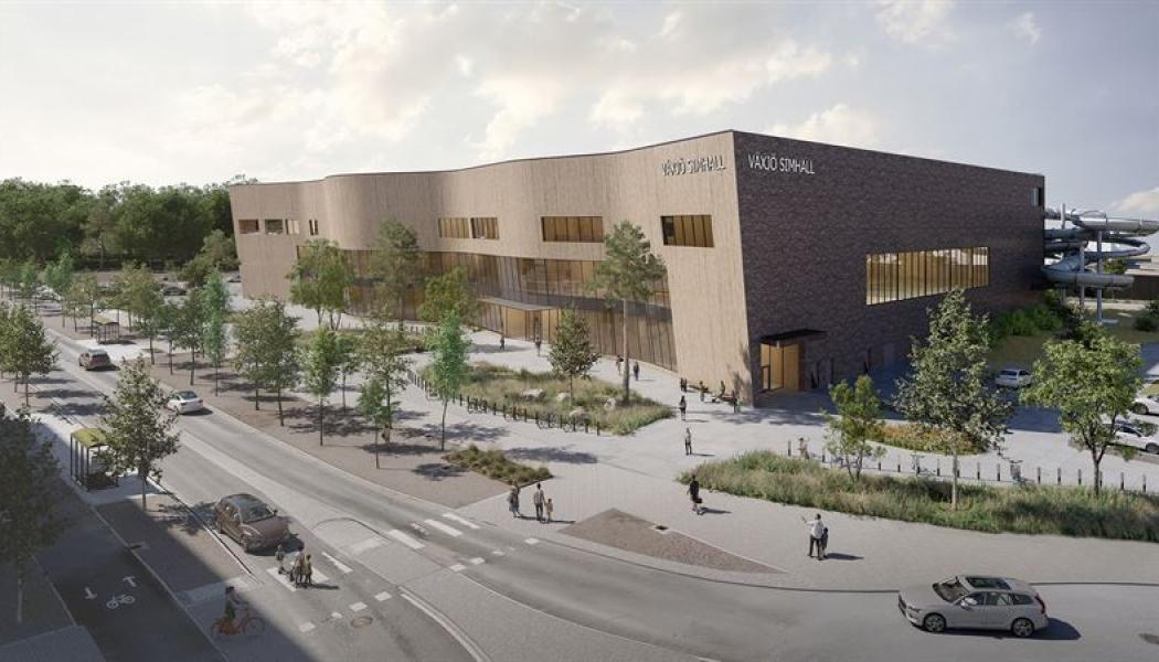 Den nya simhallen på Bäckaslövsområdet i Växjö. Illustration: Norconsult