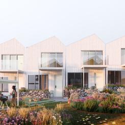 Kaminsky Arkitektur och JL Projektledning vinner markanvisningstävling med hållbara radhus på Sundsstrand, Uddevalla Illustration: Kaminsky Arkitektur