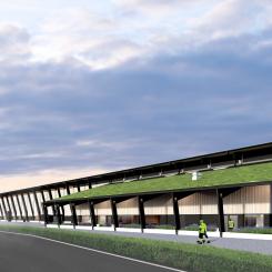 Södras fabrik för tillverkning av KL-trä är Nordens största fabrik byggd i materialet. Illustration: Arkitektbolaget