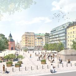 Visionsbild Östermalmstorg, vy från Sibyllegatan. Illustration: Karavan