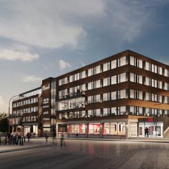 Illustration av Nya Kasernen på Hvitfeldtsplatsen, mitt i centrala Göteborg. Projektet omfattar omkring 45 000 kvadratmeter med kontorsvåningar i varierad storlek, restauranglägen och takterrasser för hyresgästerna. Bild Walk The Room