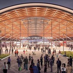 Birminghams nya HS2 Curzon Street-station kommer att vara i drift utan koldioxidutsläpp. Illustration: HS2-project