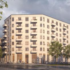 Selvaags kvarter med Pluss-bostäder sett från Majorstorget. Här är kvarteret som högst med sju våningar. I väster möter tre punkthus om fyra plan den redan befintliga bebyggelsen i Barkarbystaden. Innergården är stor och ger utrymme för både samvaro, avskildhet och lek med inslag som planteringar, växthus, odlingsbäddar och lekplatser. Samtidigt är innergården en del av dagvattenlösningen med regnbäddar och ränndalar. Visionsbild: Pörner och Pettersson AB för Selvag Bostad.