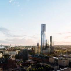 Karlastaden: Karlatornet, på Lindholmen i Göteborg, på en pressbild från Serneke. Nu stoppas försäljningen av byggnaden tillfälligt.
