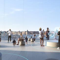 Visionsbild inifrån ett framtida Nobel Center som ska byggas längs Stadsgårdskajen vid Slussen i Stockholm. Illustration: TMRW