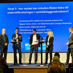 Panelsamtal under lansering av rapporten ”Vägen mot mer cirkulära byggmaterialflöden – Byggmaterialindustriernas perspektiv” Pressbild: SBMI - Sveriges Bergmaterialindustri