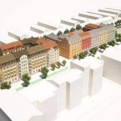 Översiktsbild över de två kvarteren längs Mälarvägens norra sida (centrumsidan). Längst österut längs Mälarvägen syns parkeringshuset. Intill skymtar skyfallsparken. Illustration: Nils Freckeus Arkitekter