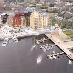De nya kvarteren vid Hamnplan i Norrtälje med hotell, bostäder och pirbyggnad. Visionsbild: Sydväst arkitektur och landskap samt Koncept/AFRY.