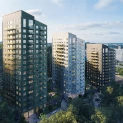 Kvarteret Mejeristen i Kallebäcks Terrasser består av tre hus i olika kulörer inspirerade av den intilliggande skogen och berget, dova färger med skira och glimrande detaljer. Lägenheterna hyrs ut via Wallenstams egen bostadskö. Fotograf: Rendering av Liljewall