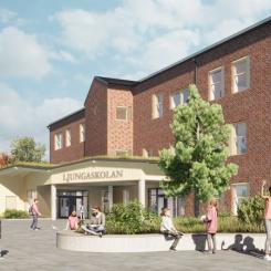 I samband med första spadtaget 30/11 offentliggjordes den nya skolans namn, Ljungaskolan, som utsetts efter en namntävling. Skissbild: Karin Pettersson Arkitektbyrå.