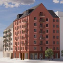 Stångåstaden bygger 43 nya lägenheter på Folkungavallen. Illustration: ARQLY