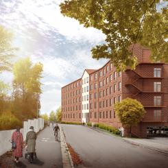 På bilden syns punkthuset med 101 hyresrättslägenheter om 12 våningar med ytterligare 100 äldreboendeplatser. Visionsskiss: Odalen Fastigheter