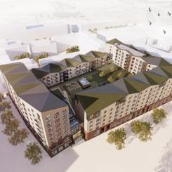 Bona Terra utgör fonden till stadsdelstorget och sätter därmed tonen för Brunnshögs centrum. Illustration: FOJAB