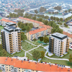 Översiktsbild över Elineberg. De fastigheter som renoveras är femtiotalsfastigheterna med fasader av gult tegel. 
Bild: Helsingborgshem