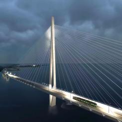 Illustration av den färdiga pylonkonstruktionen på Kronbroarna. Observera spårvagnen. Bild: Kruunusillat, Helsingfors stad, WSP, Knight Architects.