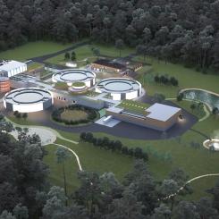 Vy över nya avloppsreningsverket Ängens ARV. Visionsbild: Lidköping miljö och teknik.