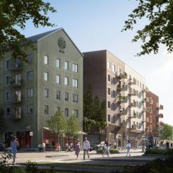 Kvarter 1 som nu är under byggnation i Älta kommer etappvis att välkomna nya hyresgäster från och med hösten 2024. Foto: Wallenstam