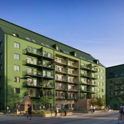 I Wallenstams nyproduktion Bersån i Kvarngärdet, Uppsala har klimatförbättrad betong använts i byggnationen. Hit välkomnas de första hyresgästerna under våren nästa år. Foto: Wallenstam
