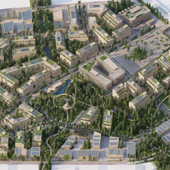 Skiss Skavsta Forest City: låga träbyggnader med skog runtomkring sett uppifrån. Bild: Explore Skavsta