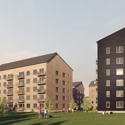 Husen ligger på gränsen mellan centrala Skellefteå och skog och rekreationsområden och är uppförda av prefabricerade volymelement i trä.