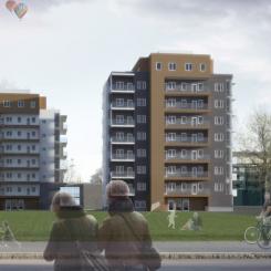 Projektet omfattar ett nytt bostadskvarter i de yttre delarna av centrala Karlstad. Nyproduktionen består av två huskroppar där husen inrymmer bostäder (KBAB) varav det ena huset även inrymmer en ny förskola (Karlstad kommun) som är planerad i två våningar. Bostadshusen är planerade som punkthus i nio respektive tio våningar, med trästomme. Illustration Klara Arkitekter.
