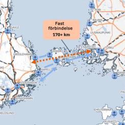 En fast förbindelse mellan Finland och Sverige, med en hållplats på Åland, är ett framtidsscenario som kastas fram i en rapport av Finlands näringsliv och några andra organisationer. Bildkälla: Finlands näringsliv, Montage: Ålands Radio
