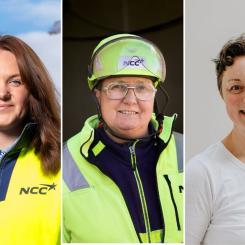 Finalisterna i Årets byggkvinna 2025. Från v. Ida Söderholm, planeringsspecialist, NCC, Luleå – Marie-Louise Halvarsson, träarbetare, NCC, Karlskoga – Tuva Marminne, målare, Anders R Nilsson Måleri AB, Falkenberg. Pressbild: Byggföretagen