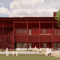 Källparkens förskola, sedd från söder, kommer att byggas i två våningar och ha en röd träpanel (illustration: LPP arkitekter).