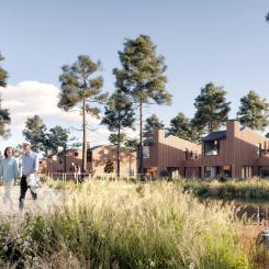 Blick över det framtida bostadsområdet vid Åhus Golfbana, där 400 nya hem planeras. Illustration: Arkitema