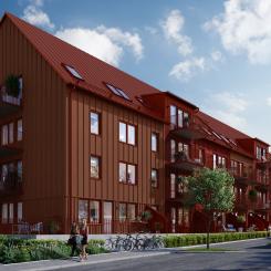 Brf Aroma byggs enligt Svanens krav för miljöcertifiering. Pressbild: OBOS