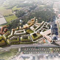 Volymskiss över Solvallastaden. Förvärvade byggrätter 2018 inom streckad linje och det nyligen genomförda förvärvet inom heldragen linje. Bild framtagen av White & ETTELVA Arkitekter.