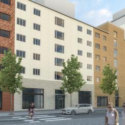 70 nya bostadsrätter, med planerad säljstart 2024/25, utvecklas i simhallskvarteret i Partille Port. Illustration: Norconsult.