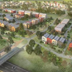 Vy från luften av bostadsområdet Östra Ramlösa. Till vänster i bild finns en gång och cykelbro. En bit in i bilden ser man ett stort antal radhus i olika färger. Illustration:  
Helsingborgs stad i samarbete med arkitektkontoret Warm in the Winter