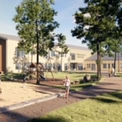 Tångvalla skolområde i Skanör beräknas stå helt klart under första halvan av 2026. Foto: Chroma Arkitekter