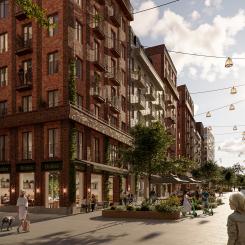 Birger Bostad och Fabege tar nu nästa steg i utvecklingen av stadskvarteren Haga Norra i Arenastaden, Solna, genom uppförande av 285 lägenheter i områdets tredje
bostadskvarter. Illustration:  Fabege