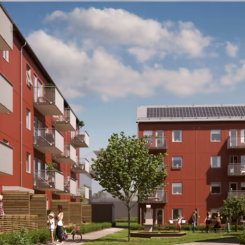 Illustration av det nya kvarteret BoKlok Silvermalmen, med gröna gemensamhetsytor på gården. Foto: BoKlok