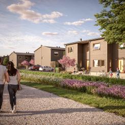 Radhusens entréer vetter ut mot kommunens planerade park. BoKlok Sandallén sett från kommunens park som planeras anläggas intill området. Pressbild: BoKlok