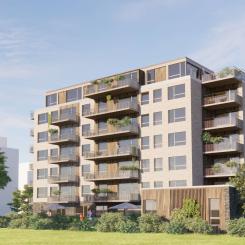 Illustration över Riksbyggens bostadsprojekt i Rydebäck huset. Pressbild: Riksbyggen