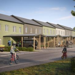 Brf Hjortrongränd exteriör framsida. Bild: Riksbyggen