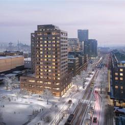 Brf New York gatuvy vinter. Pressbild: Riksbyggen