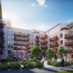 Vy över innergården i Brf Rosendals Trädgård. Foto: 3DVision