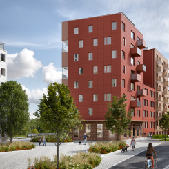 Visionsbild torget vid det nya bostadsområdet vid campus Flemingsberg. Av: Kirsch+Dereka Arkitekter