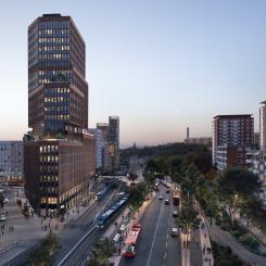 Bilden visar entré till tunnelbanans station Sickla i Sickla stationshus. Entrén vetter mot Saltsjöbanans och Tvärbanans spår. Vy från Värmdövägen i riktning mot Stockholm. Visionsbild: www.tmrw.inc. 