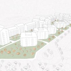 Illustrationen visar ett exempel på utformningen där Vita husen konverteras till bostäder samt uppförande av nya bostadshus. Illustration: Nordmark & Nordmark.